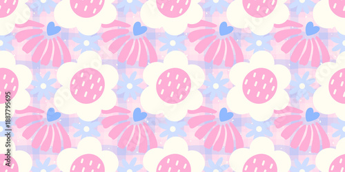 Flower daisy seamless pattern simple white flowers and gingham details. Suitable for summer wallpaper, garden-themed fabric, and charming decor