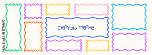 Crayon frame and text box in a square kindergarten border with kid text and highlight, through scribble line and underline. Organic wavy and curvy waves beside drawn amoeba bubbles, blobs