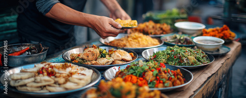 Culinary journey through local street food vibrant market travel experience urban environment close-up view relaxing vacation vibes