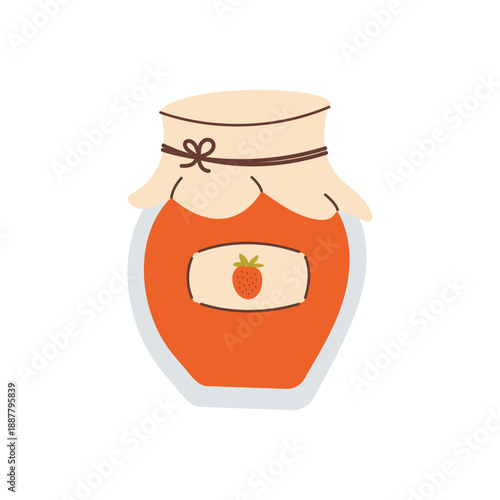 Jar of strawberry jam. Homemade natural dessert. Hand drawn vector illustration.