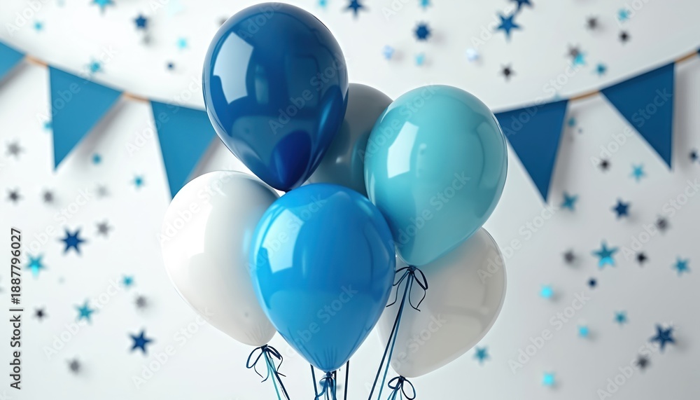 Fototapeta premium Bright blue, white balloons tied with ribbons float against festive background with pennant banners, scattered stars, suggesting cheerful party atmosphere, ideal for birthdays, celebrations,