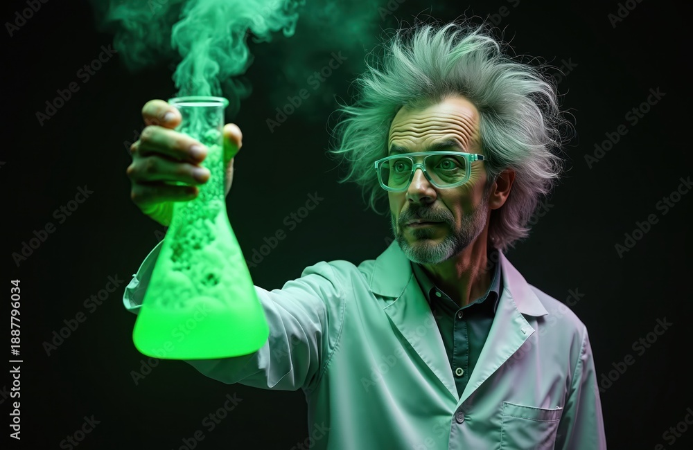 Fototapeta premium Mad scientist holds glowing green beaker emitting smoke in dark lab. Wild gray hair scientist wears glasses and lab coat, focused on toxic liquid experiment.