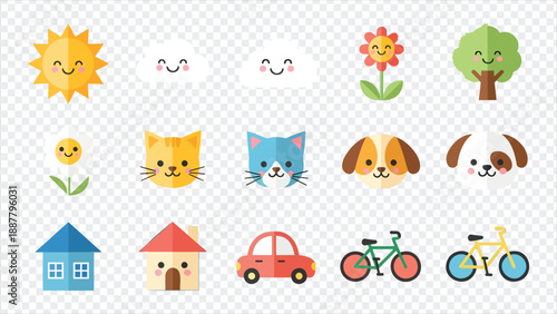 Cute cartoon icons of animals and objects