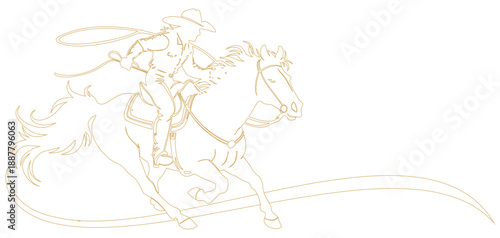 Illustration of a man playing rodeo roping with his horse in line art style