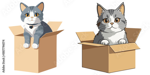 Simple cartoon artwork in clean vector style: cute cat sitting in a cardboard box. For memes, presentations, stickers, merch and web illustrations