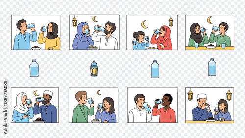 People drinking water from glasses and bottles during Ramadan