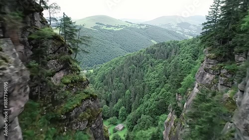Slow downward crane video from drone POV reveals vast, pristine mountain valley with lush forests, rustic cottages, streams, framed by mossy cliffs in soft light, deep focus landscape concept