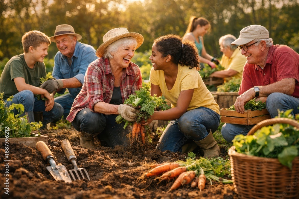 Fototapeta premium Community Volunteers Harvesting Vegetables In Shared Garden. Corporate social responsibility through intergenerational teamwork and local food production, strengthening sustainability.