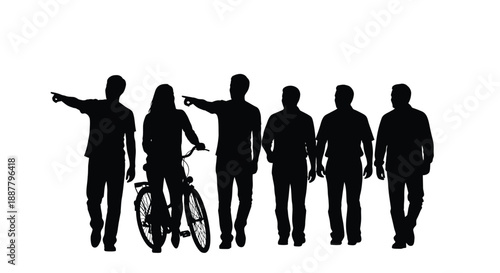 Group of people walking together with one person on bicycle