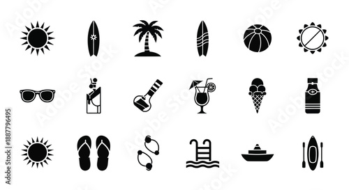 Collection of black and white summer icons on white background