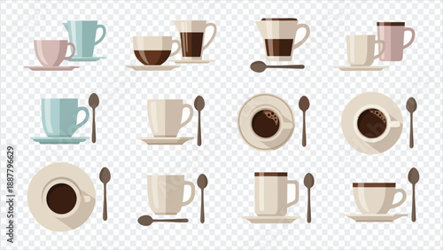 collection of coffee cups and saucers with spoons