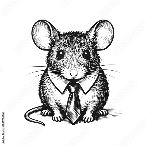 The greedy mouse is wearing a tie. Black white vector illustration.