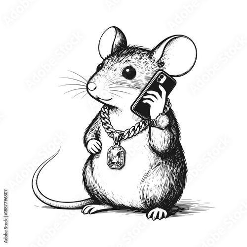 The greedy mouse picking up a phone call from a handphone and wearing luxury jewelry. Black white vector illustration.
