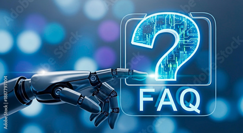 A robotic hand pointing to a question mark for frequently asked questions about technology and artificial intelligence.