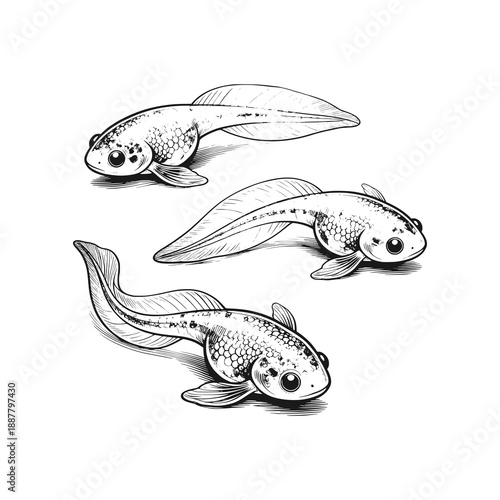 Baby tadpoles that have just hatched from their eggs. Black white vector illustration.