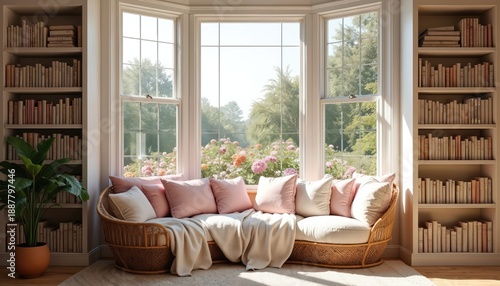 Cozy reading corner with rattan chair, plush pillows, and blanket. Large bay window offers view of vibrant flower garden and green trees. Bookshelves flank window creating peaceful library setting.