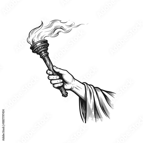 The hand that is holding up the torch. Black white vector illustration.