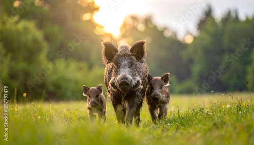 Wallpaper Mural Mother boar and her piglets stroll through a sunlit meadow, green foliage background Torontodigital.ca