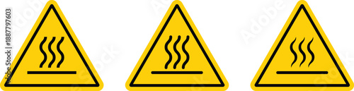 Three Yellow Triangular Warning Signs with Heat Symbols Indicating Hot Surface Hazard