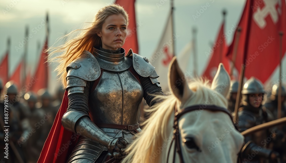 Fototapeta premium Woman warrior in metal armor rides white horse leading medieval army with red flags. Blonde leader looks determined with troops behind her. Strong female fighter on battlefield.