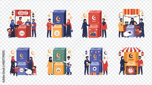 Ramadan charity zakat concept with people donating to boxes