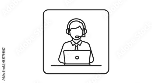 Customer service representative icon with headset and laptop, flat design vector