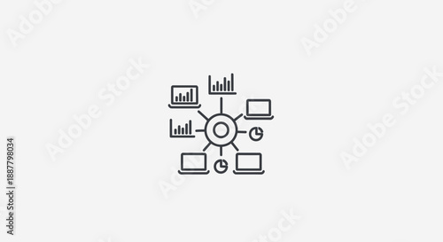 Digital network hub with charts and laptops, data analysis concept