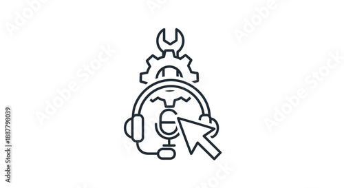 Customer Support Icon: Microphone, Headphones, Gear, Wrench, Cursor - Technical Assistance Concept