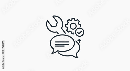 Customer Support Icon: Wrench, Gear, Chat Bubbles, Checkmark - Service Concept