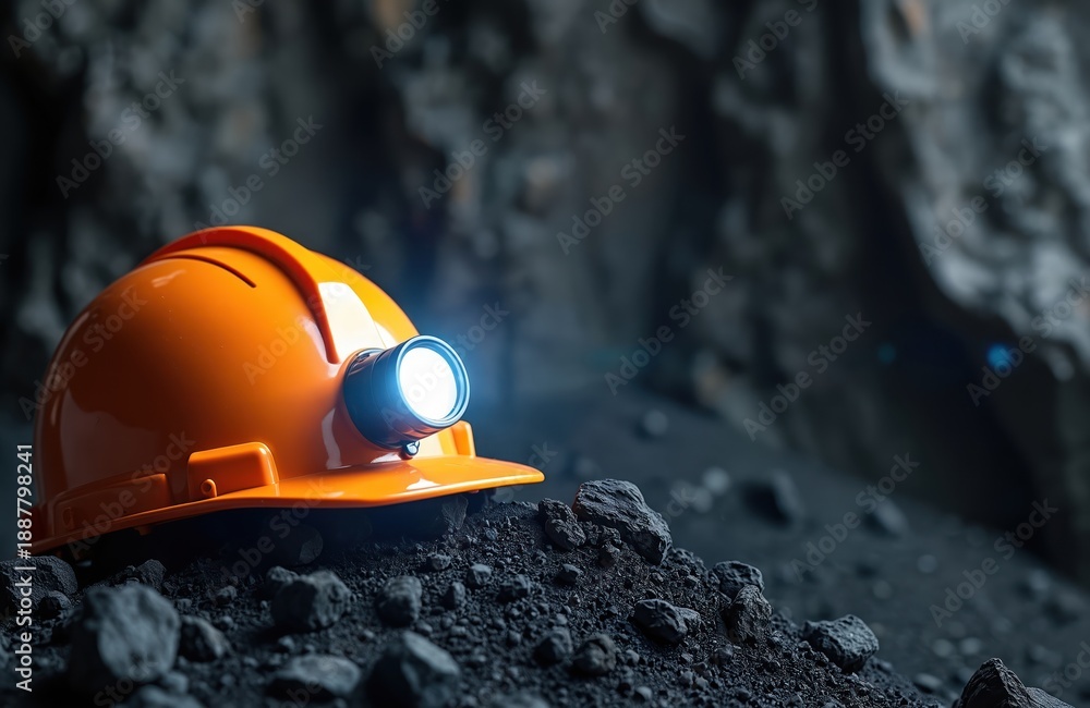 Fototapeta premium An orange miner hard hat with a headlamp rests on a pile of coal. This headwear is essential safety gear for underground work in dark mines. The lamp illuminates the path.