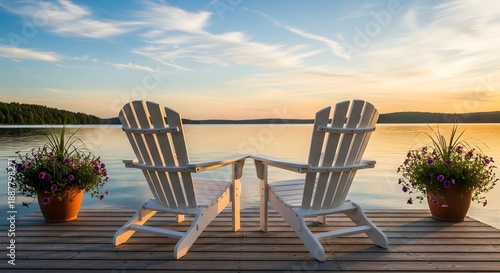 Two chairs on lakeside wooden deck, peaceful sunset view and relaxation scene, summer vacation and calm lifestyle concept