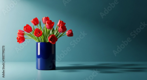 Vibrant red tulips in a glossy blue vase on a teal background with soft lighting and shadows