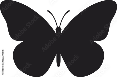 Black butterfly silhouette with antenna isolated on white background, clean symmetrical insect icon for logo, branding, tattoo, decoration, minimal vector art