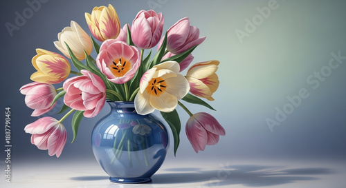 Vibrant pink and white tulips in blue vase on table with soft gradient background