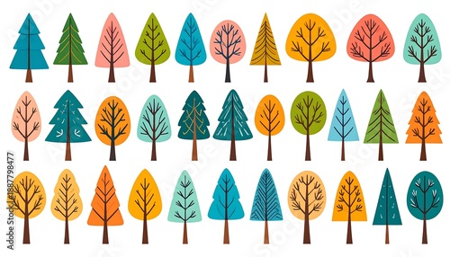Wallpaper Mural Colorful illustrated trees in various shapes and sizes.  A vibrant forest scene Torontodigital.ca