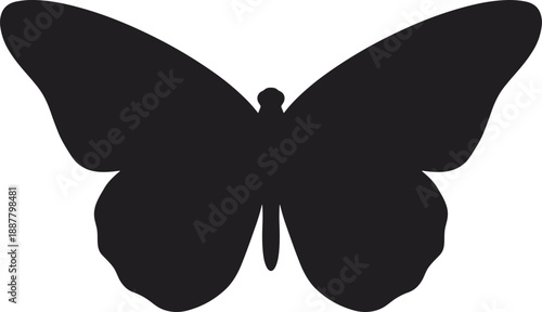 Black butterfly silhouette isolated on white background, simple symmetrical insect shape for logo design, branding, tattoo, decoration, minimal vector illustration