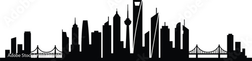 Modern city skyline silhouette, global urban skyscrapers with bridges illustration, black metropolitan cityscape design, minimal architecture horizon background