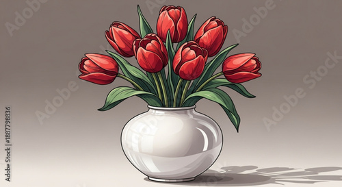 Vibrant red tulips in a white ceramic vase on a gradient background with soft lighting