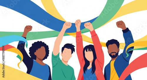 Diverse group of people celebrating with colorful ribbons in the air