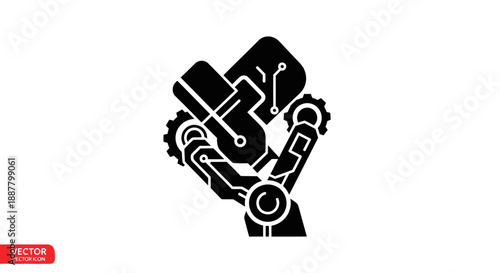Black and white robotic hand logo.