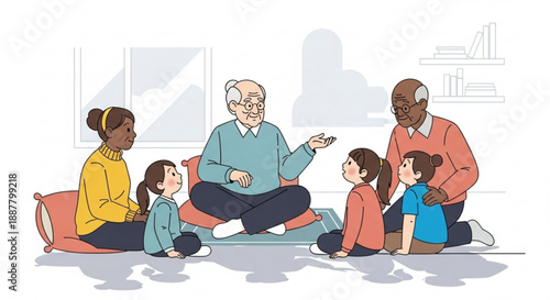 Diverse family and children sitting in a circle for a meeting