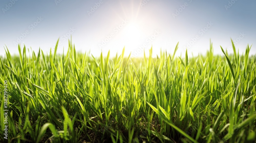 Fototapeta premium Fresh Green Grass Field with Bright Sunlight in Background, Beautiful Nature Scene for Relaxation and Outdoor Enjoyment, Tranquil Morning Atmosphere