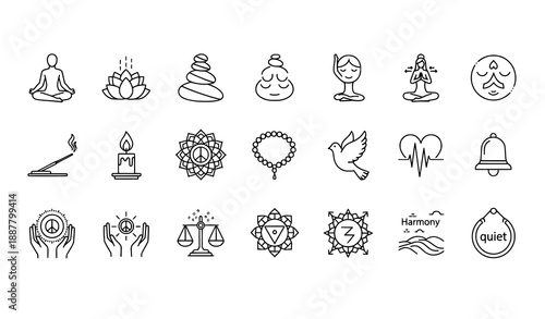 Peace and Mindfulness Line Icons Collection Editable Stroke Vector Illustration for Wellness Design