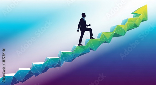 Businessman climbing up colorful 3d arrow steps to success