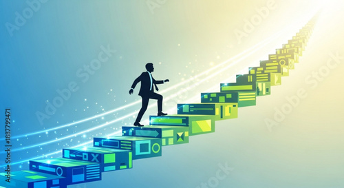Businessman climbing up a staircase of growing boxes