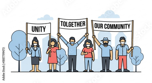 Diverse group of people holding unity signs in community