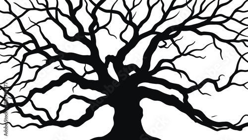 Black tree silhouette illustration, leafless branches nature design, abstract woodland artwork, dramatic forest symbol, isolated on white background