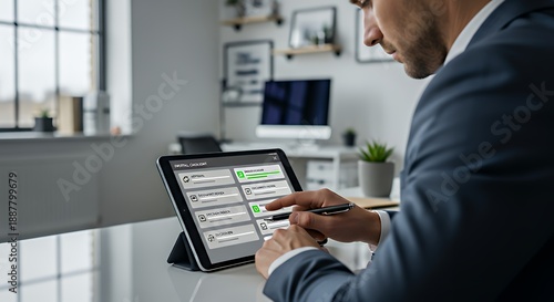 Businessman working for digital checklists and approval workflows for document review task tracking decision making and process optimization in high performance business environments clean modern envi