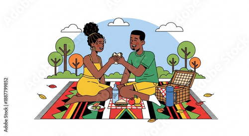 Couple shares romantic picnic on colorful blanket outdoors