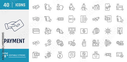 Payment icon set. Includes money, banking, transaction, exchange, cash and more. Vector Illustration with editable strokes